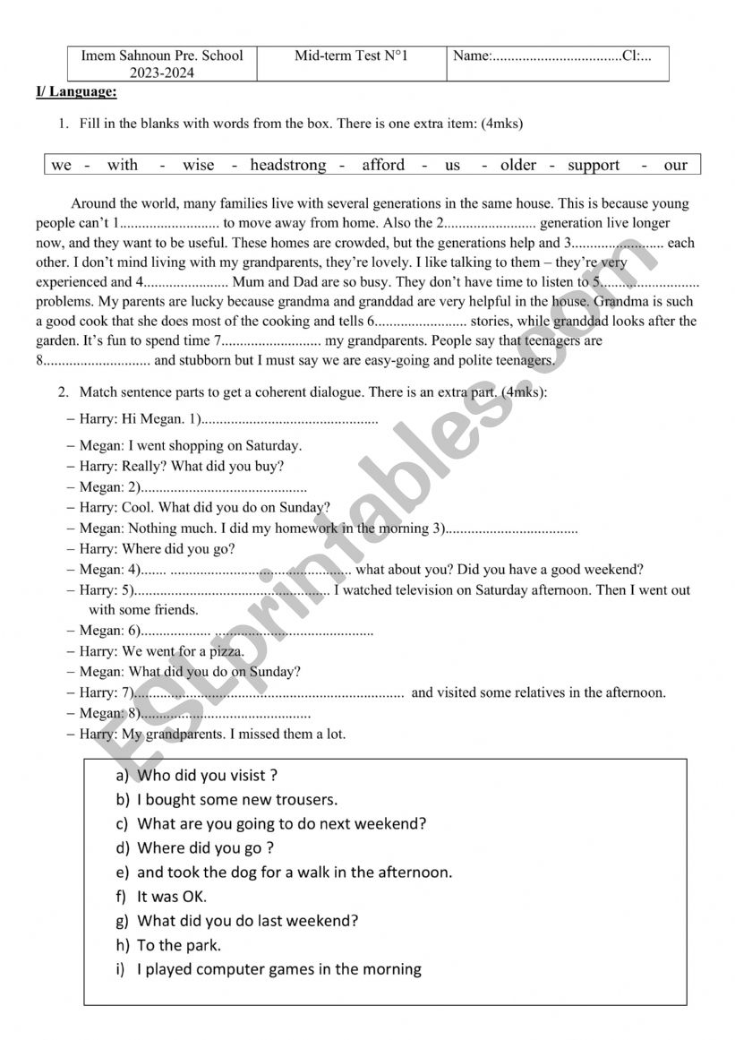 mid term test n1 9th form 2023-2024