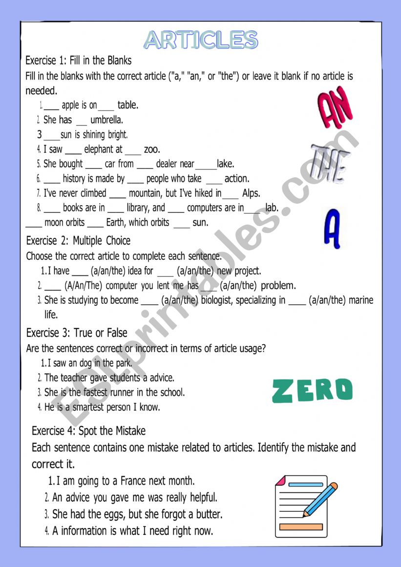 Articles worksheet