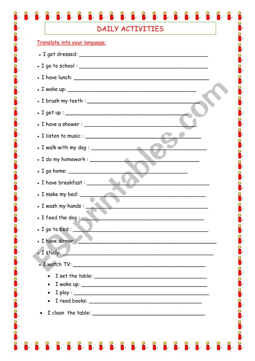 DAILY ACTIVITIES worksheet