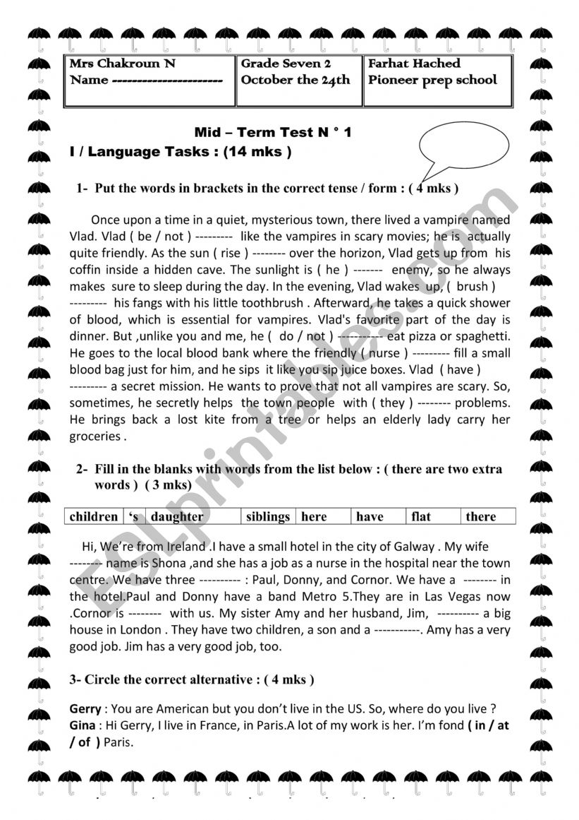 Mid- Term test 1  worksheet