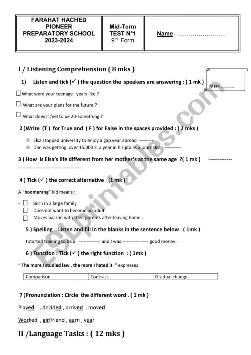 Mid Term  test 1 ,9th grade ( Tunisian Students )