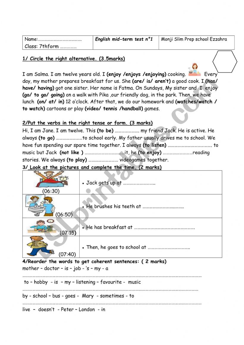7th mid term test nÂ°1 worksheet