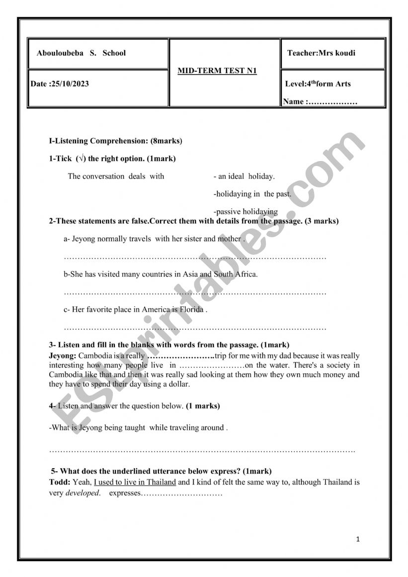 Mid term test 1, 4th  form ARTS/ test correction  