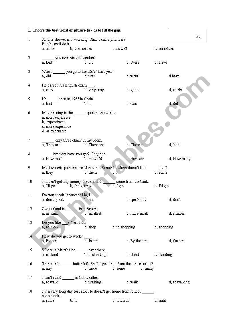 Level Test worksheet
