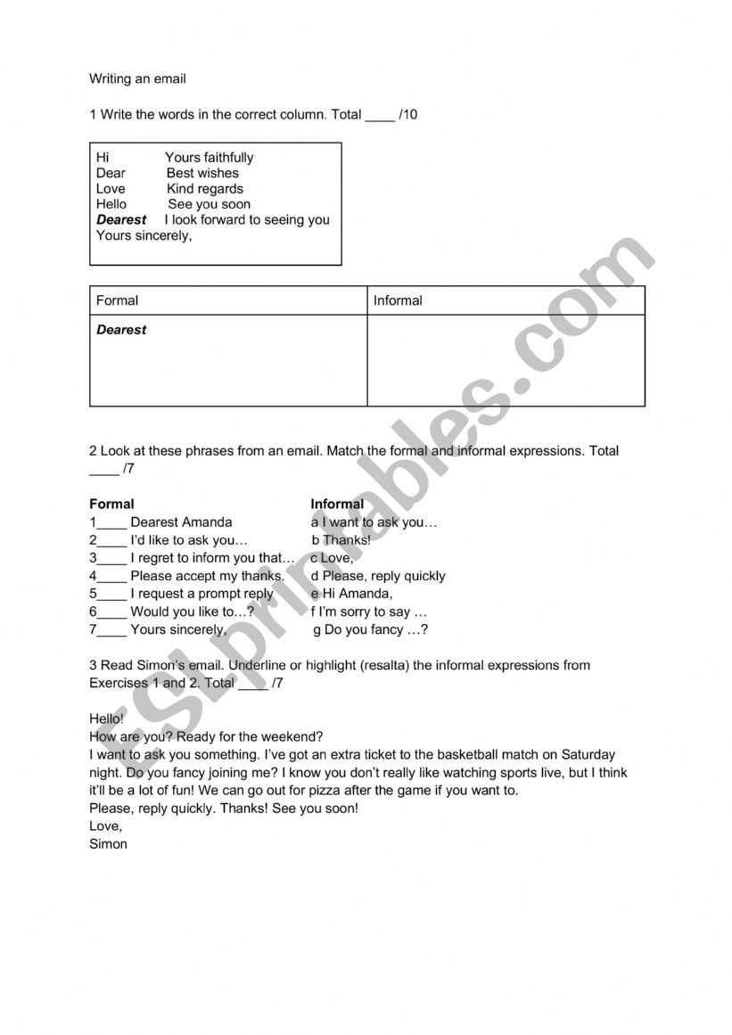 Writing an email worksheet