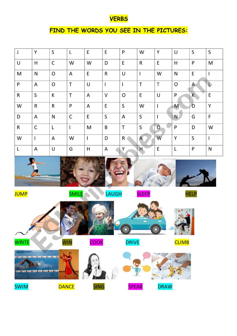 WORDSEARCH - VERBS - + KEY worksheet