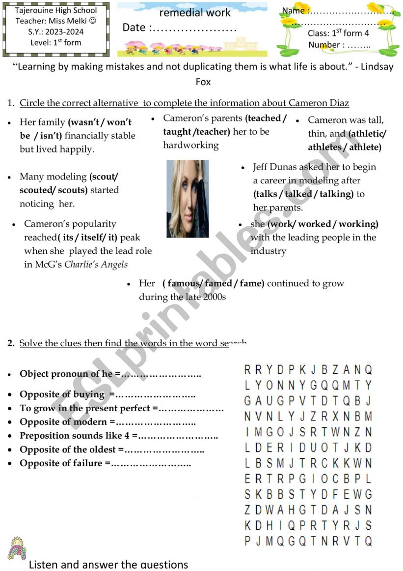 remedial work 1st form worksheet