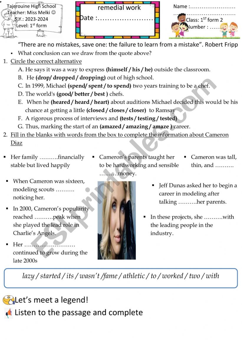 remedial work 1st form worksheet