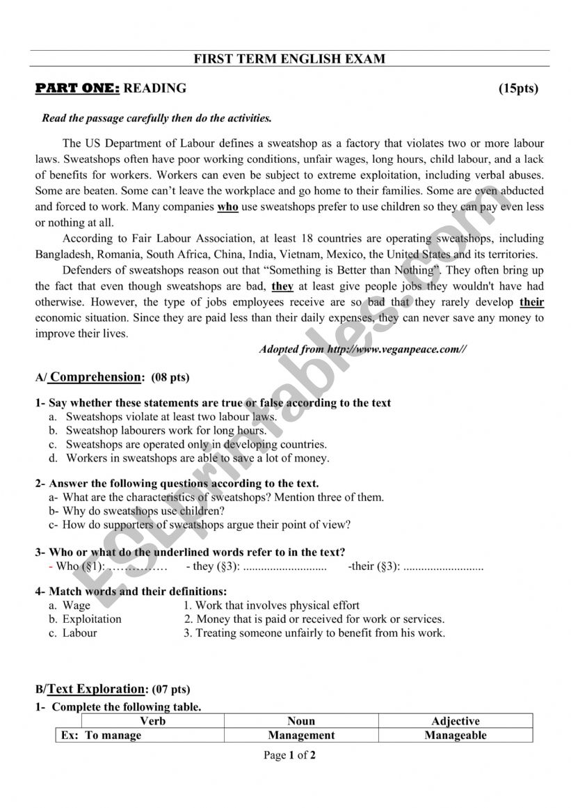 child labour and sweatshops worksheet