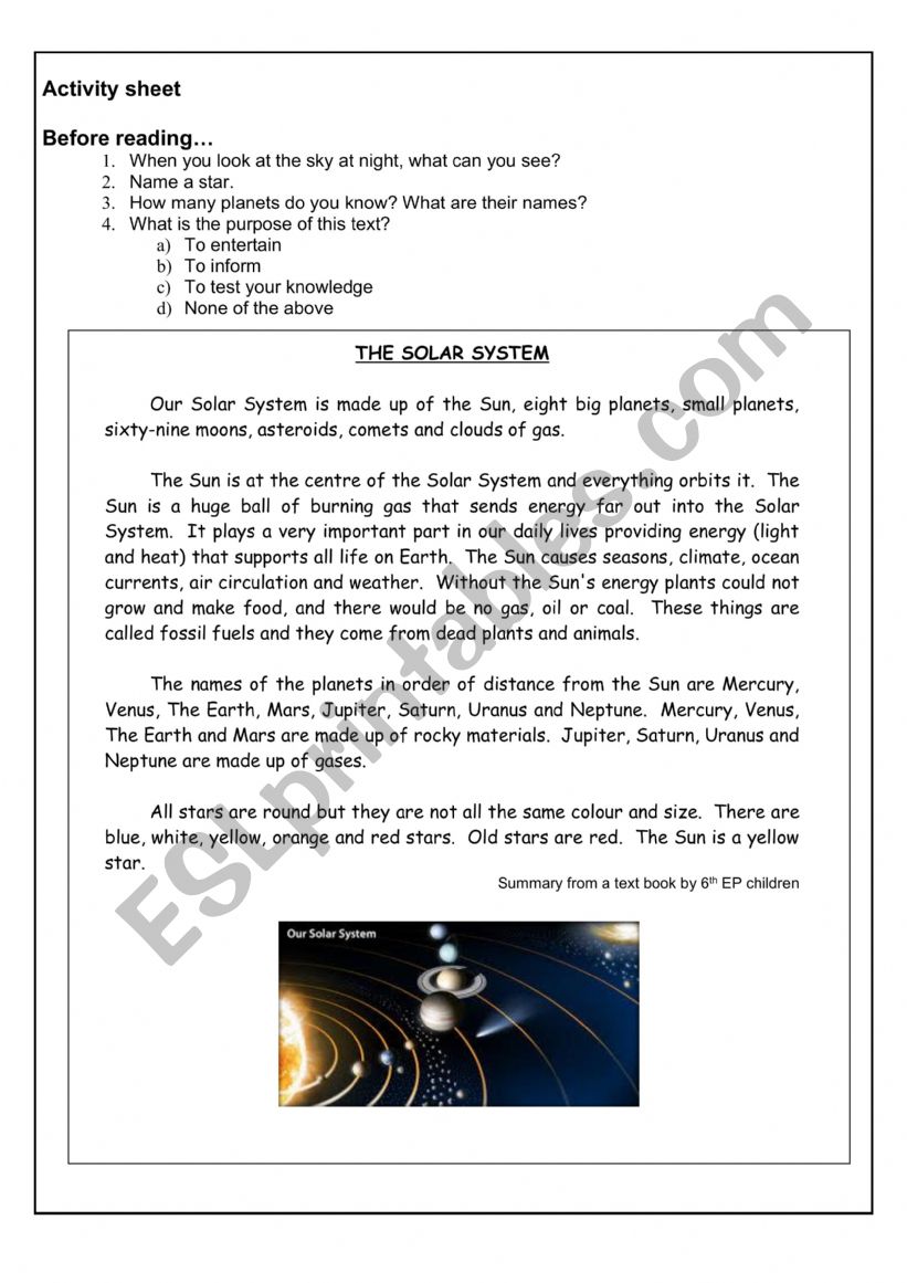 Solar system worksheet