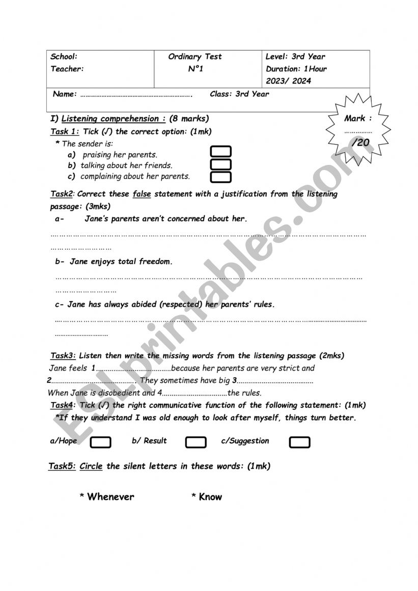 3rd year Test1  worksheet