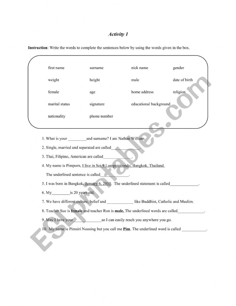 Personal Information worksheet