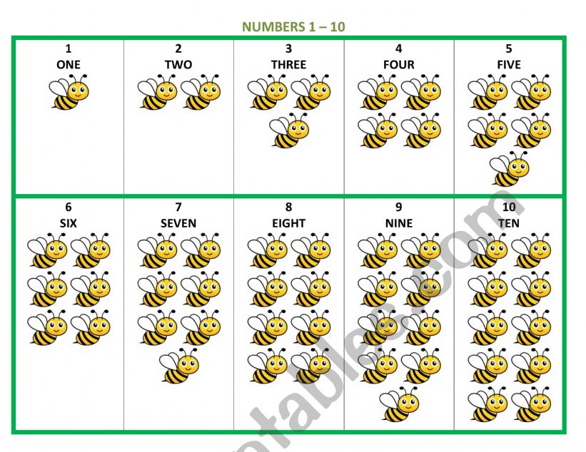 Numbers 1-10 bees worksheet