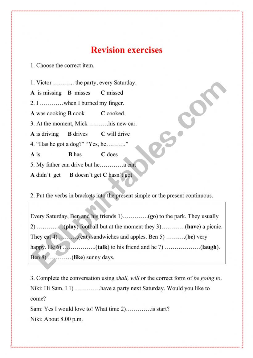 REVISION EXERCISES worksheet