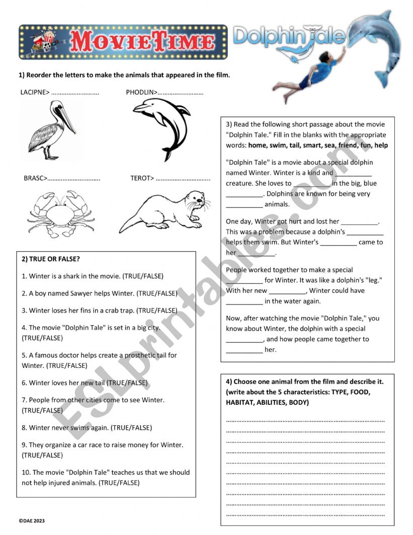 DOLPHIN TALE MOVIE WORKSHEET worksheet