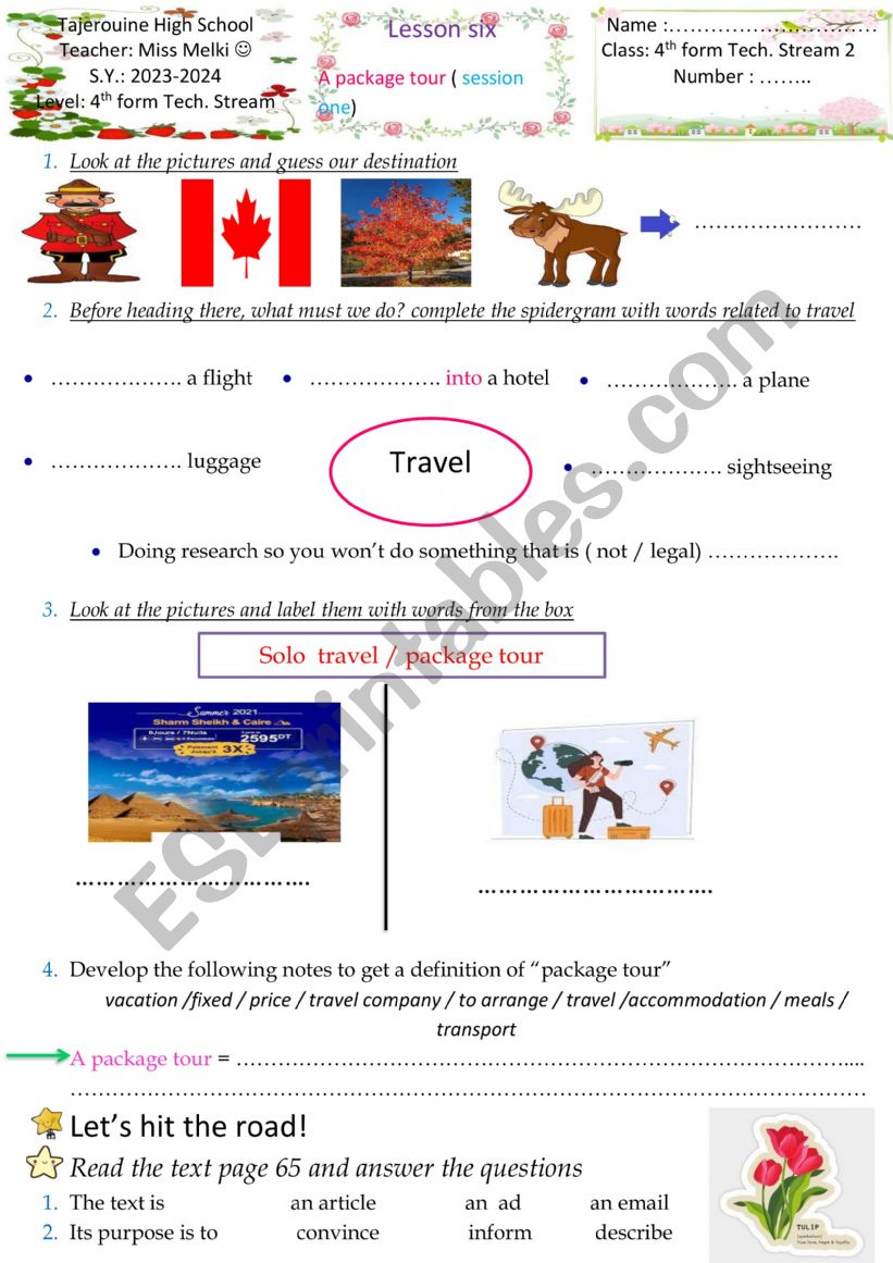 a package tour 4th form worksheet