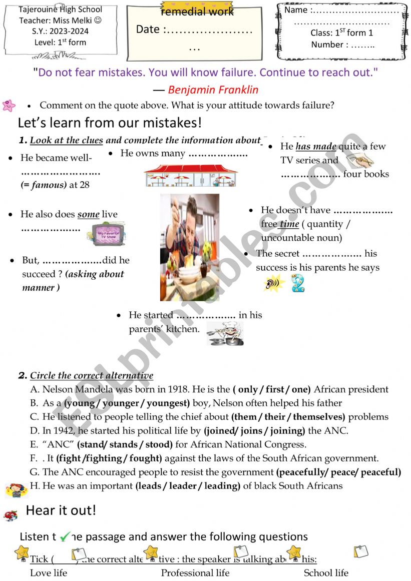 Remedial work 1st form worksheet