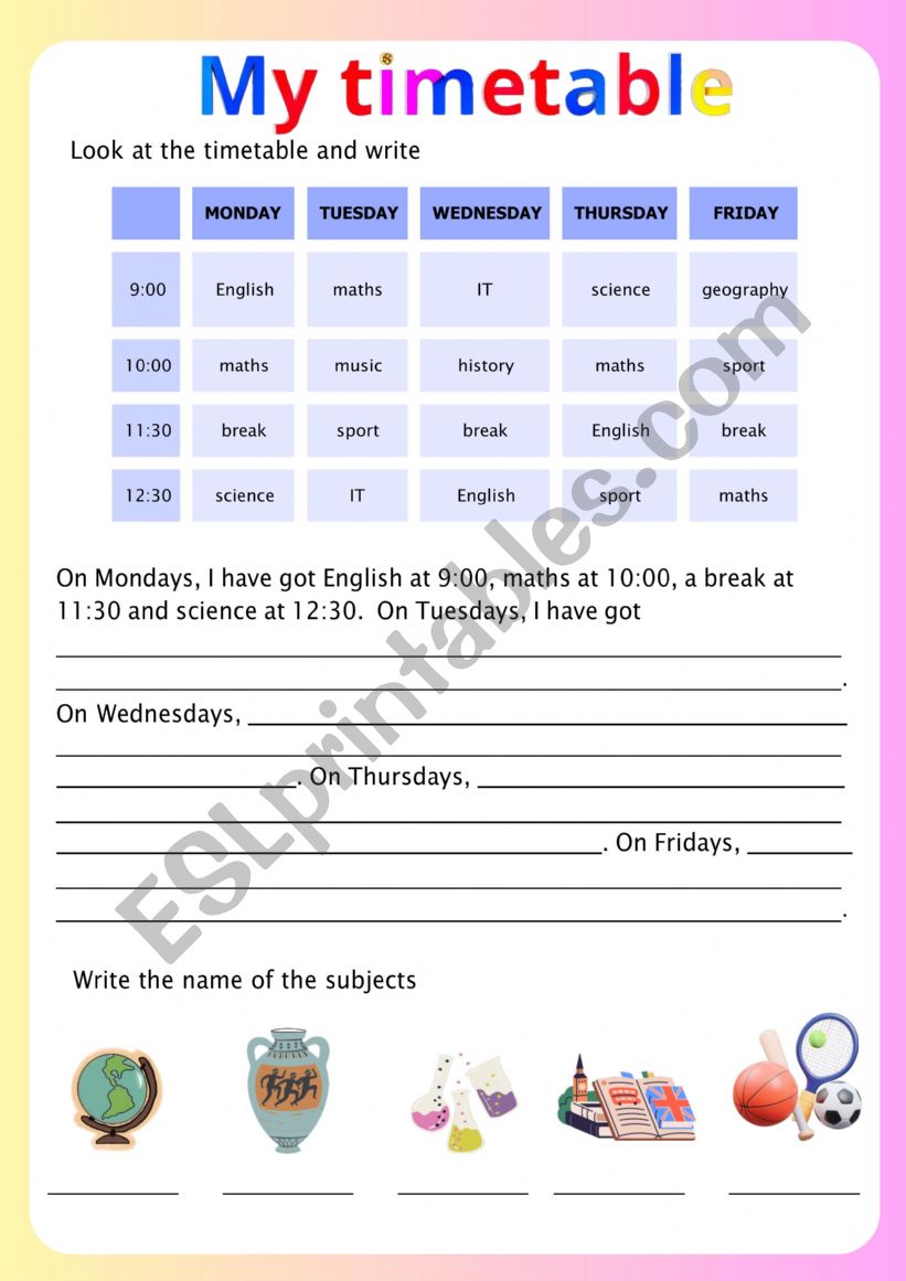 My timetable worksheet