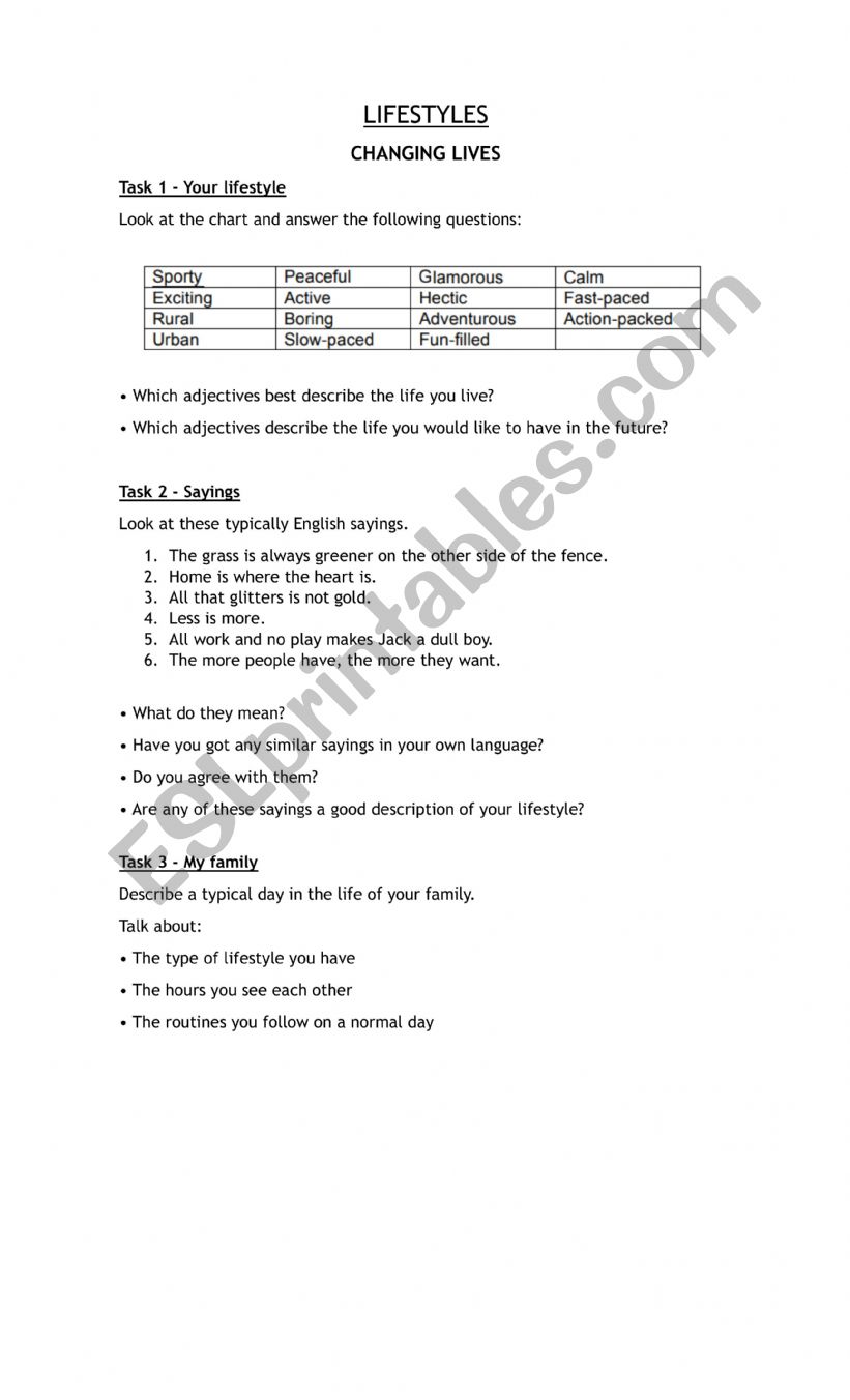 Lifestyles worksheet