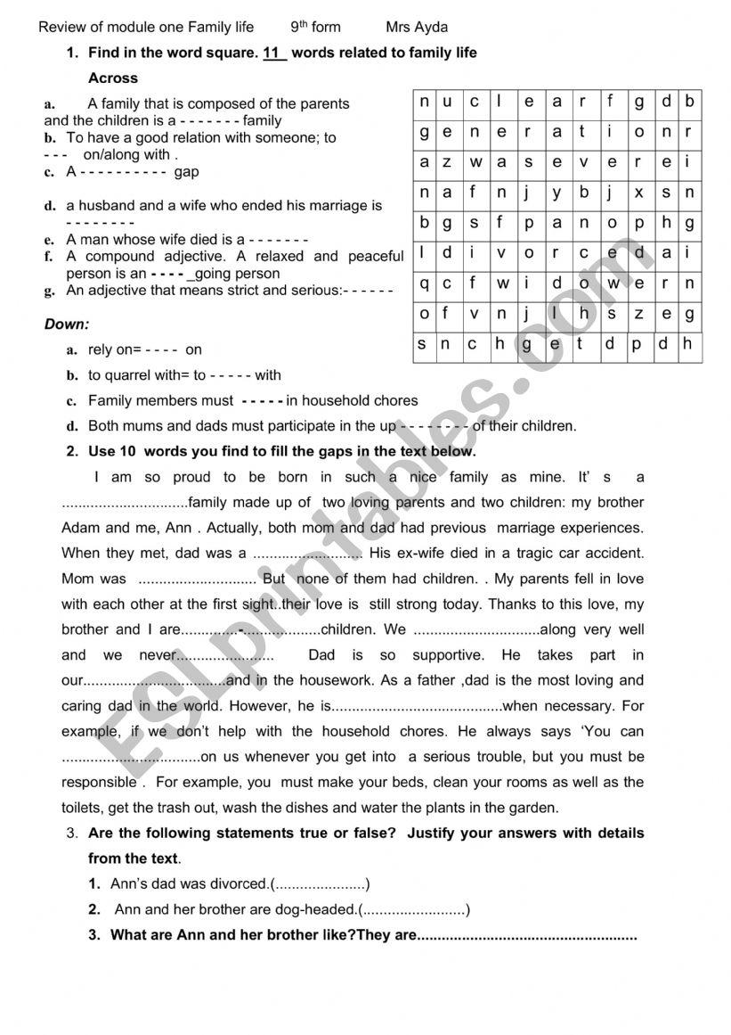 review of module 1 9th form worksheet