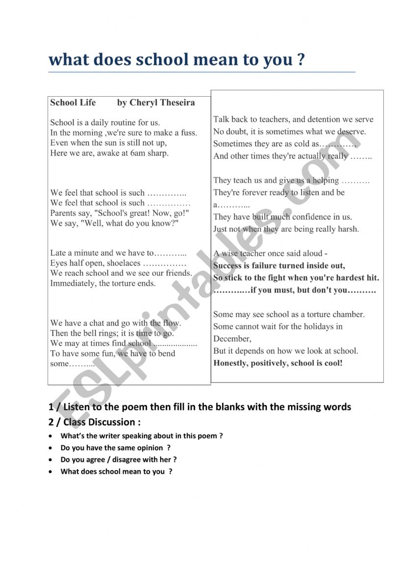 what does school mean to you worksheet