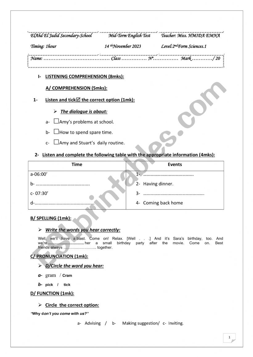 2nd form Sciences worksheet