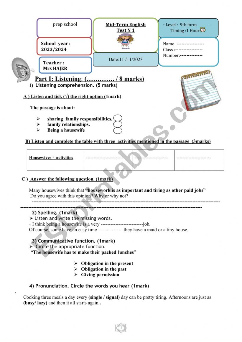 MID TERM TEST N 1 9TH worksheet