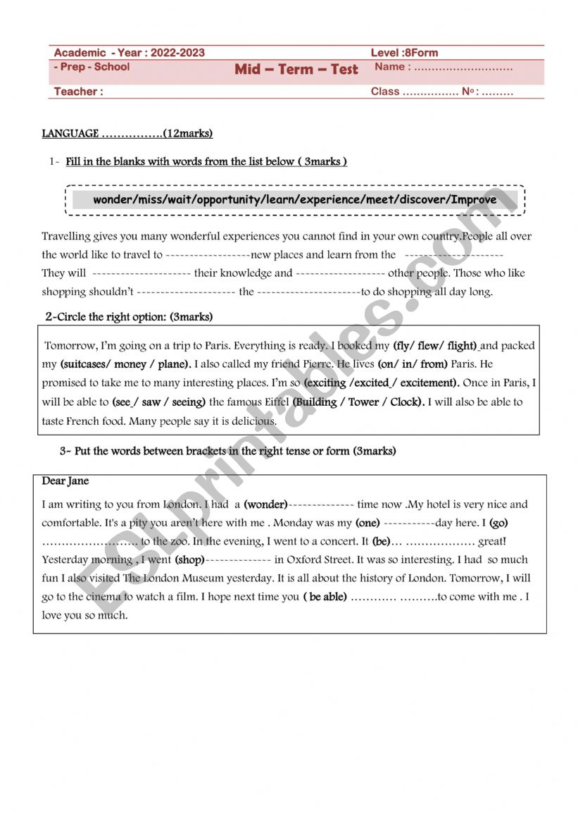 MID TERM TEST N 1 8TH worksheet