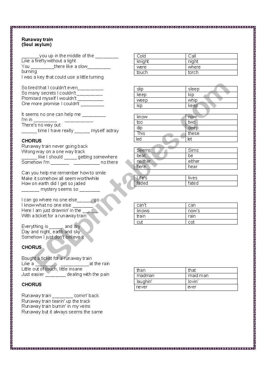 runaway train song2 worksheet