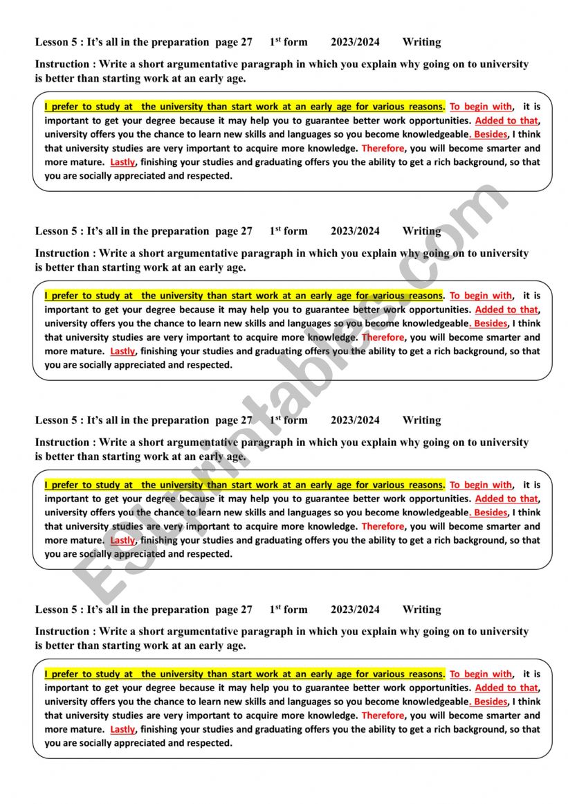 Lesson 5: It�s all in the preparation  1st form Tunisian pupils 