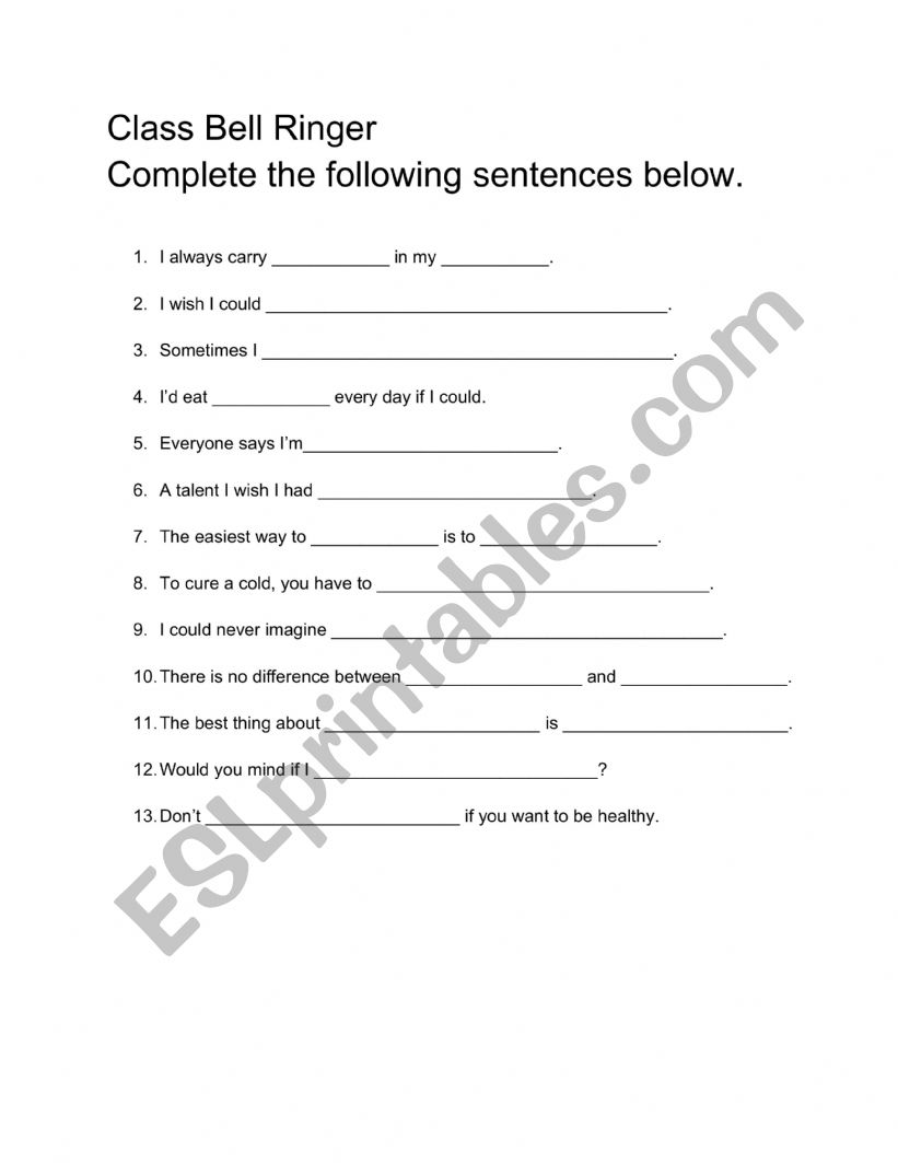 Bell Ringer worksheet