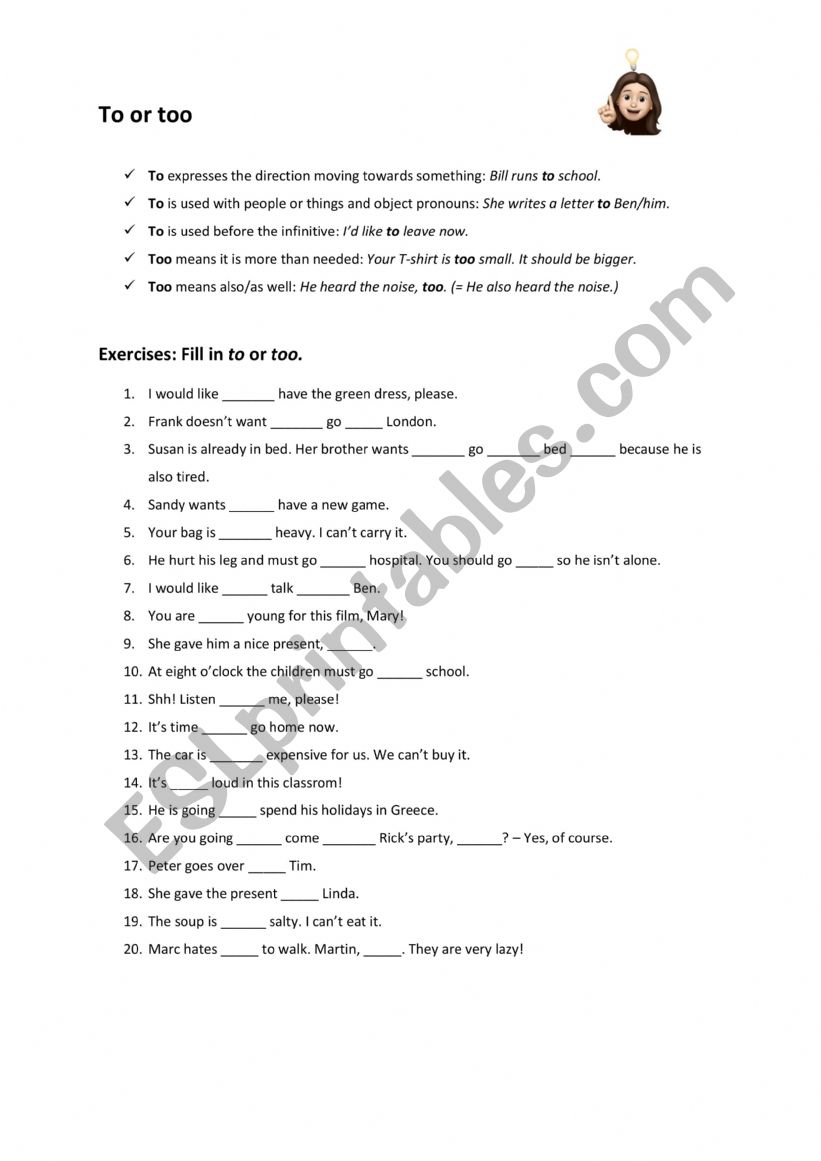 To or too worksheet