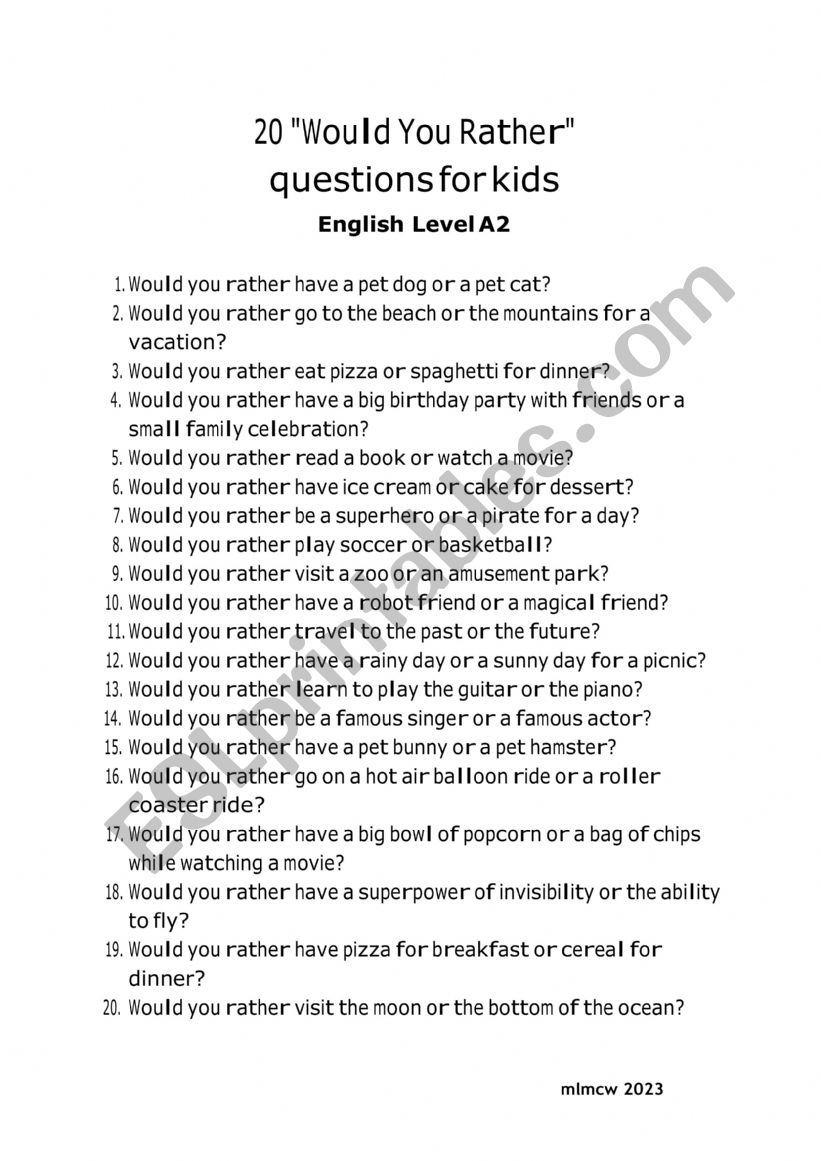20 Would You Rather Questions for Kids 