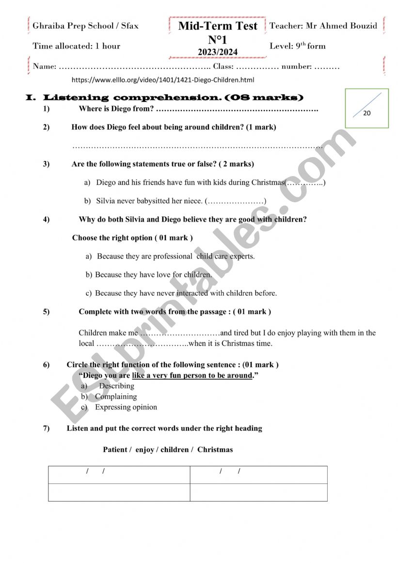 test 1 9th form 2023 worksheet