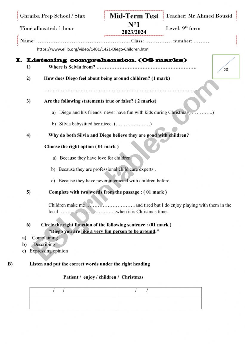 test 9th form  worksheet