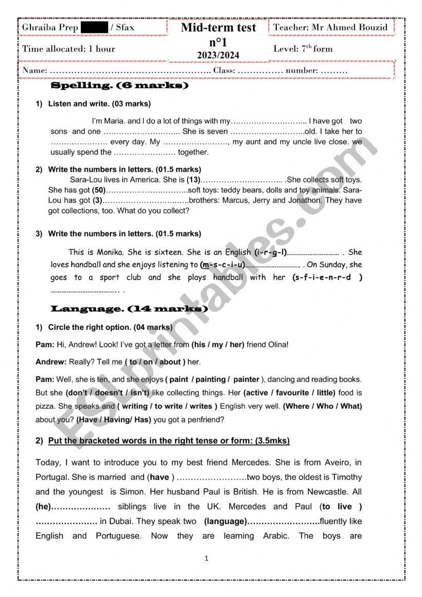 test 7th form n01 worksheet