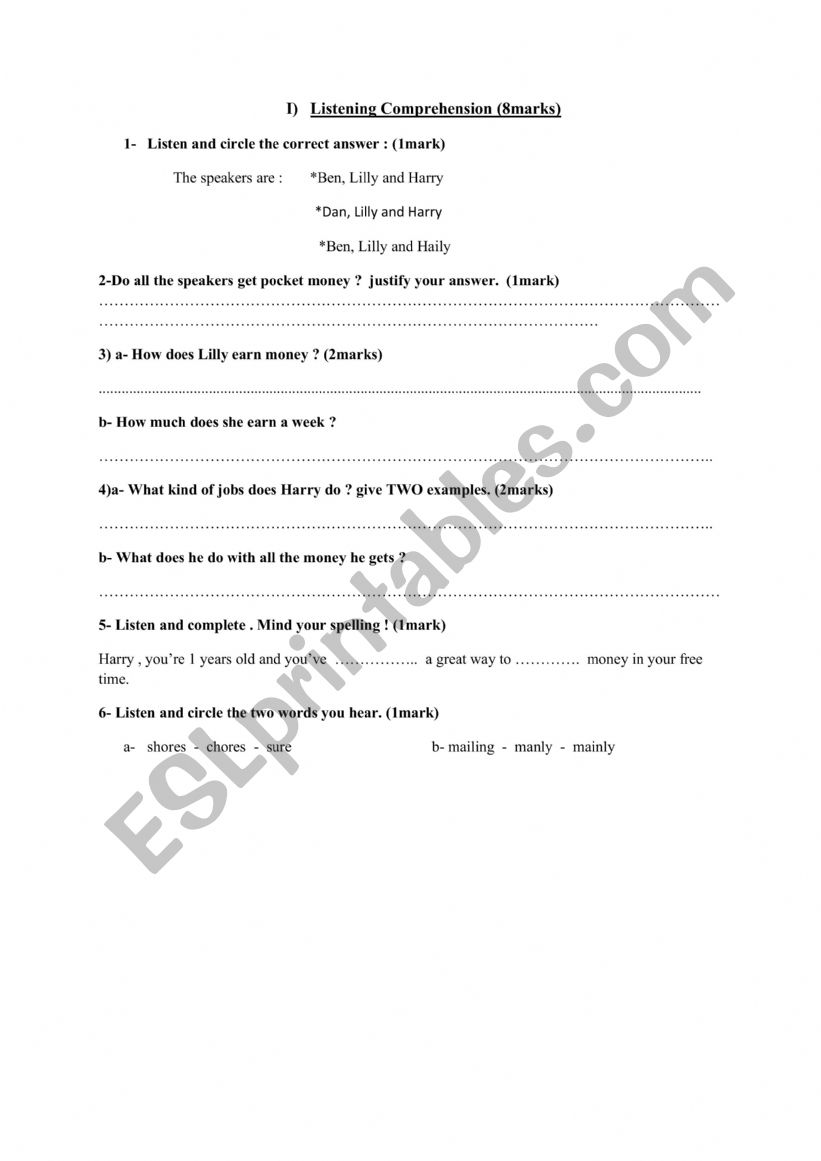 pocket money worksheet