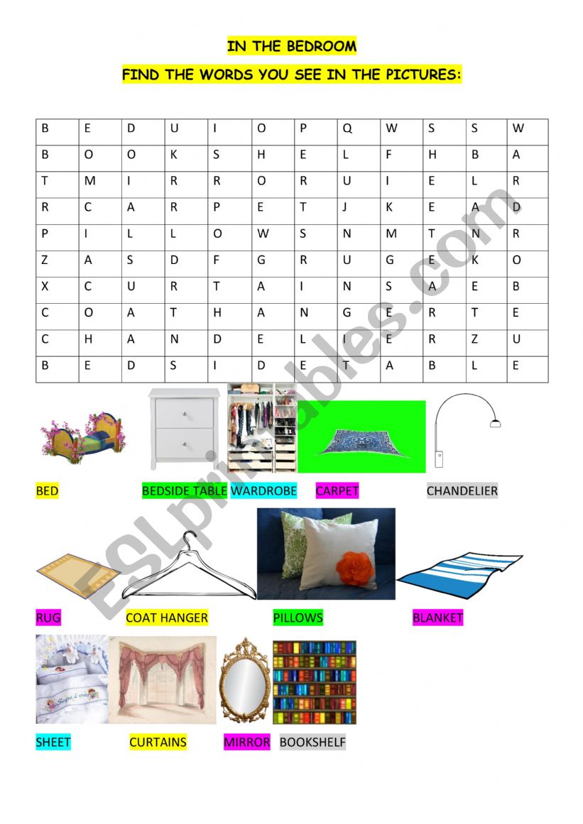 IN THE BEDROOM - EASY WORDSEARCH ACTIVITY + KEY