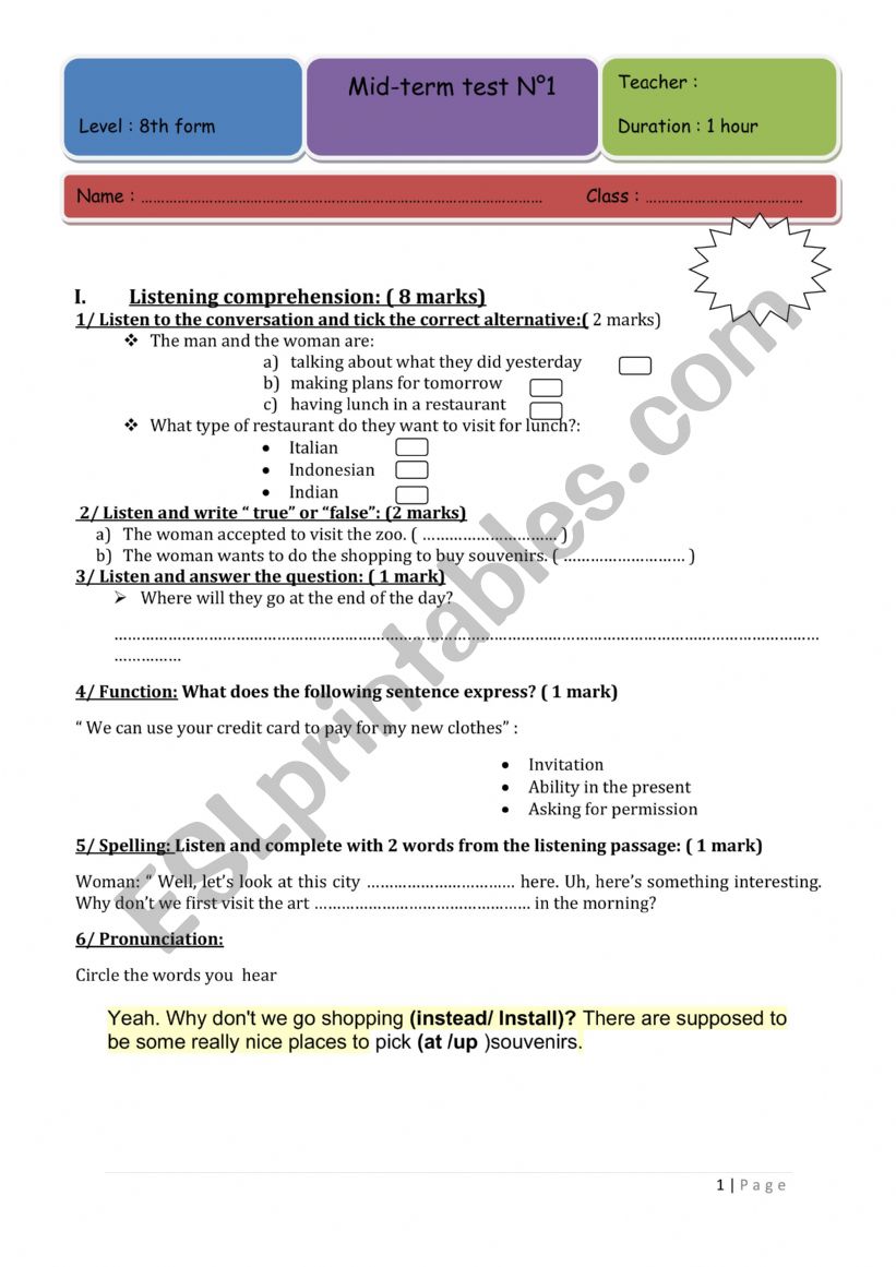 MID TERM TEST N 1 8TH worksheet