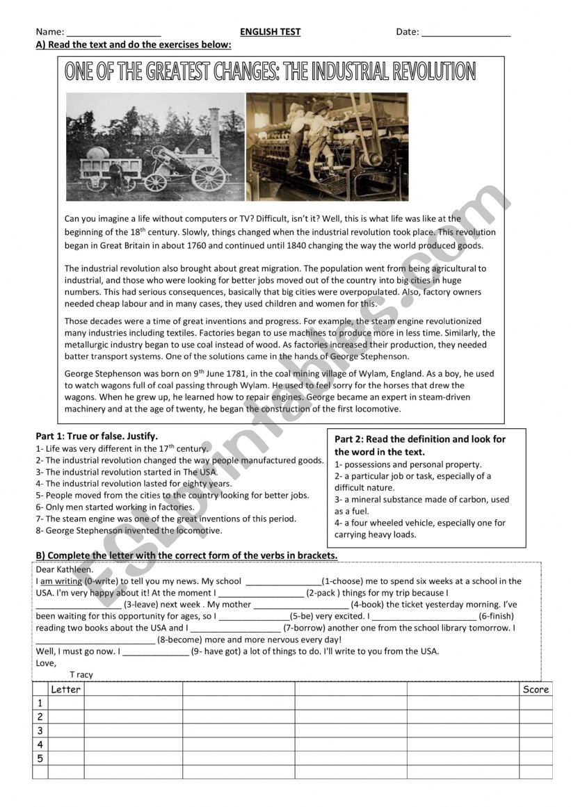 Diagnosis test- Industrial Revolution