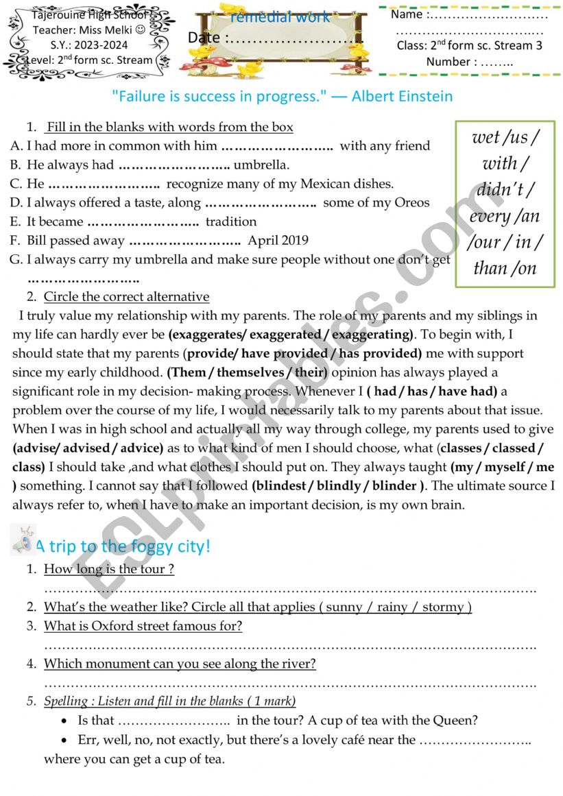2nd form remedial work worksheet