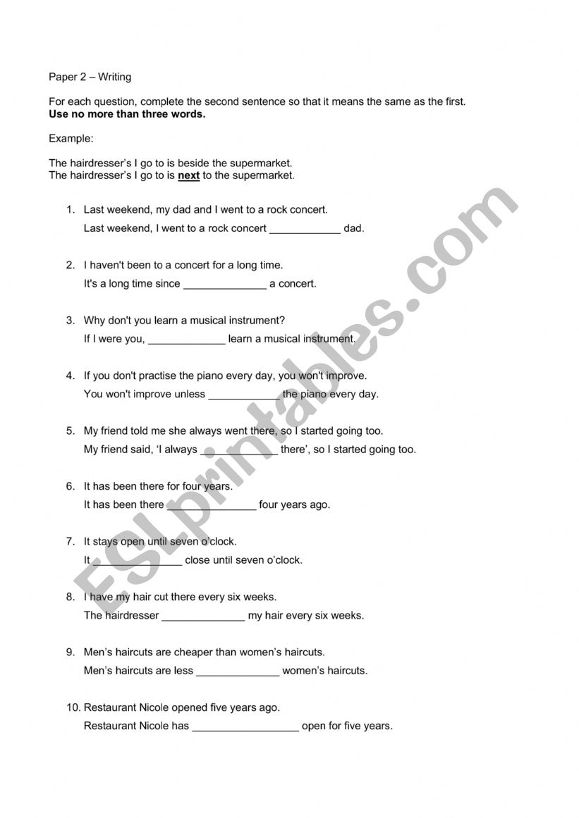 Sentence Transformation worksheet