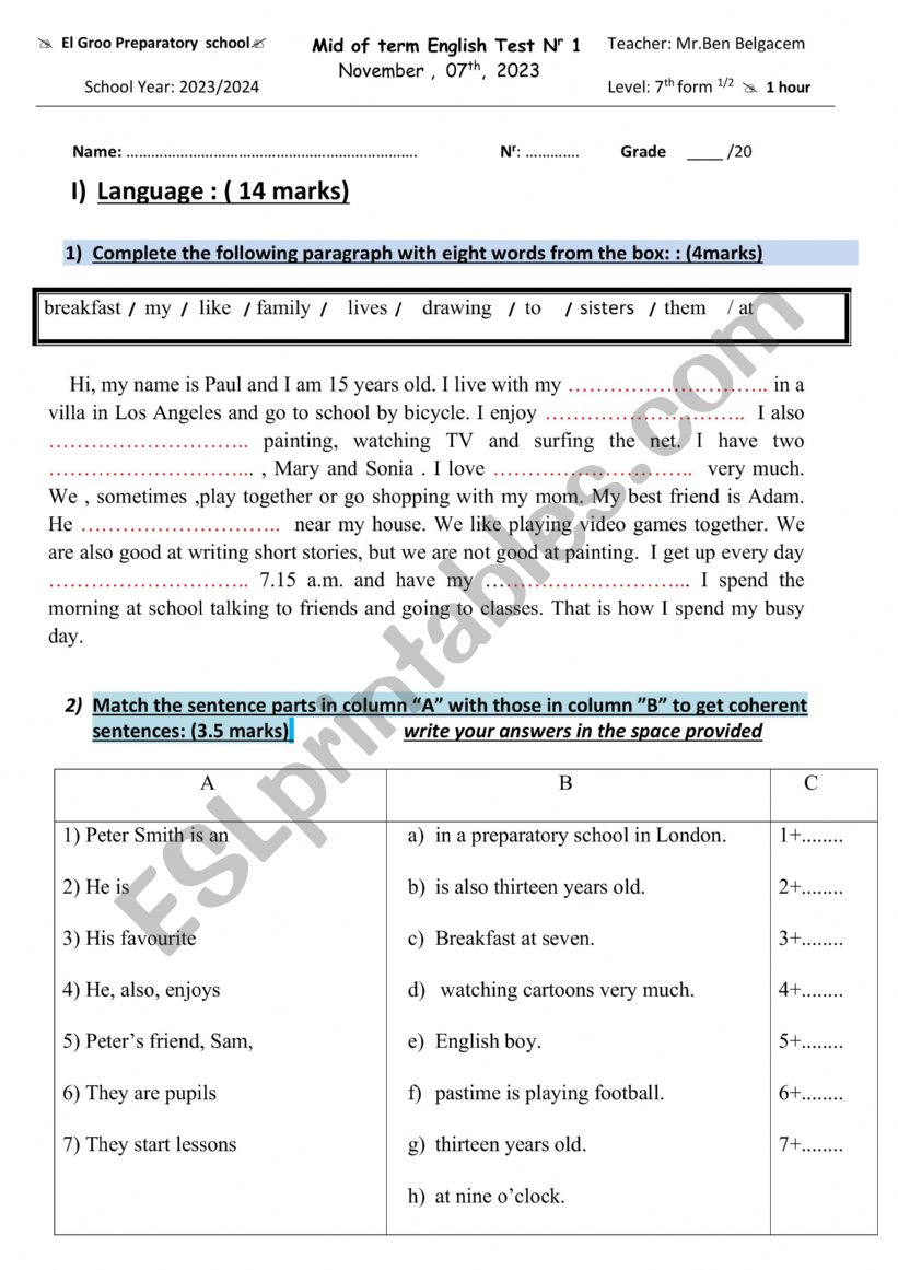 mid term test 1 for 7th form worksheet