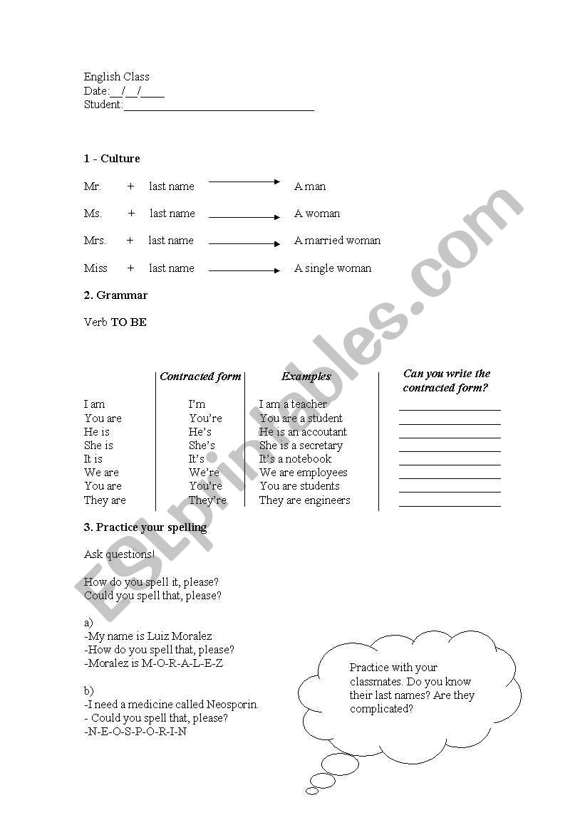 Verb to be and Spelling worksheet