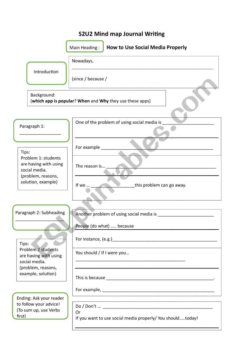 Writing Planning Worksheet about Social Media 
