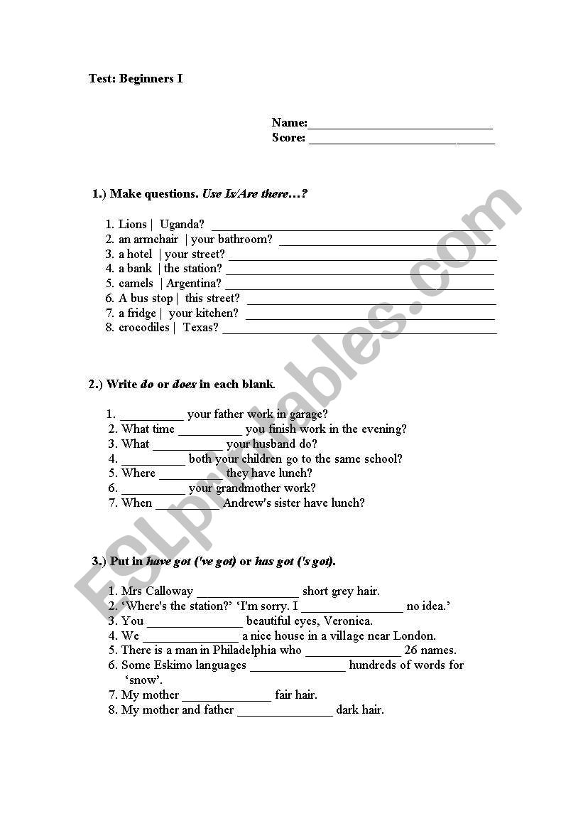 Test for beginners worksheet