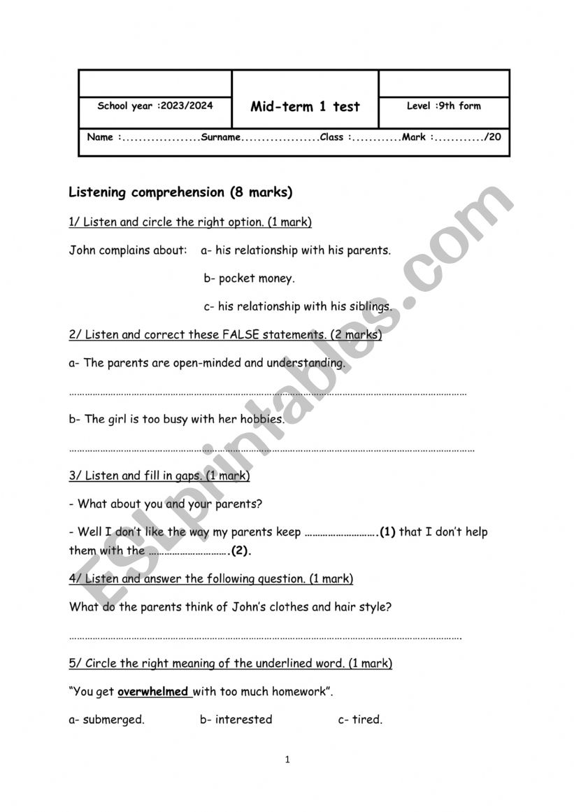 mid-term 1 test 9th form worksheet