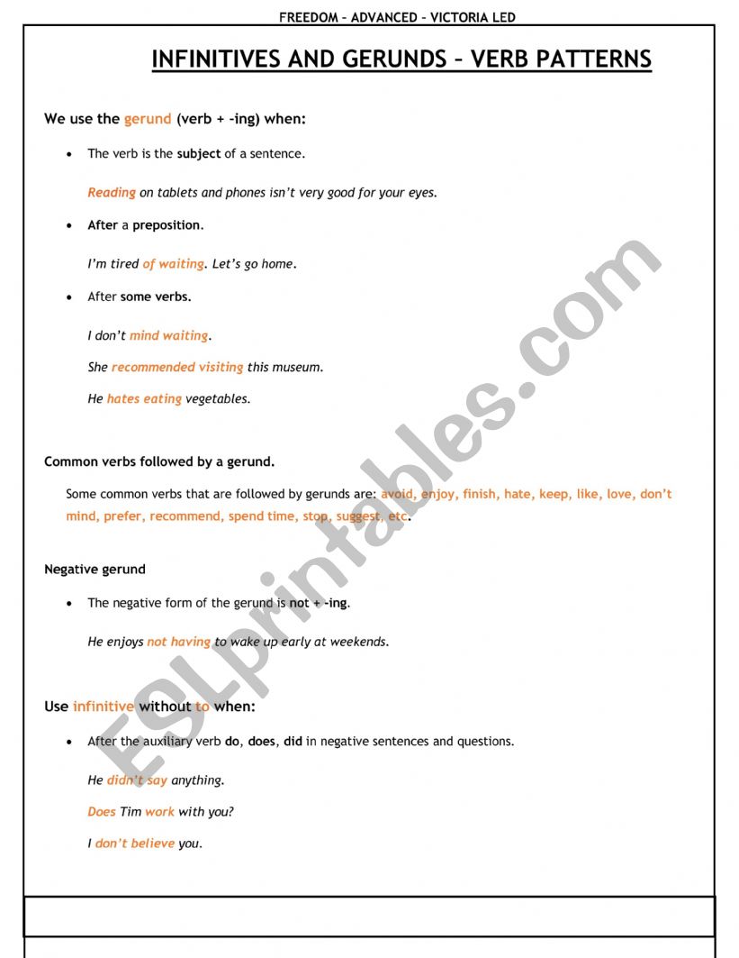 INFINITIVES AND GERUNDS  VERB PATTERNS