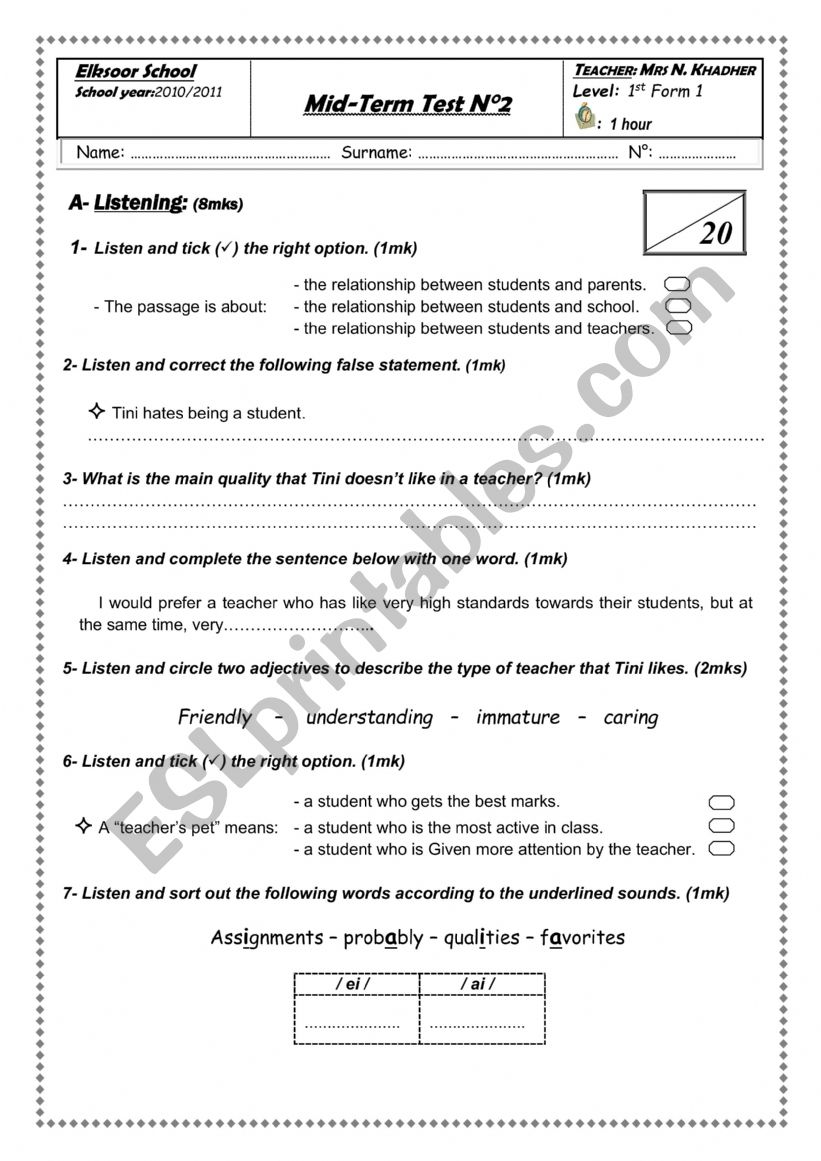 1st form - Mid-term test 2 worksheet