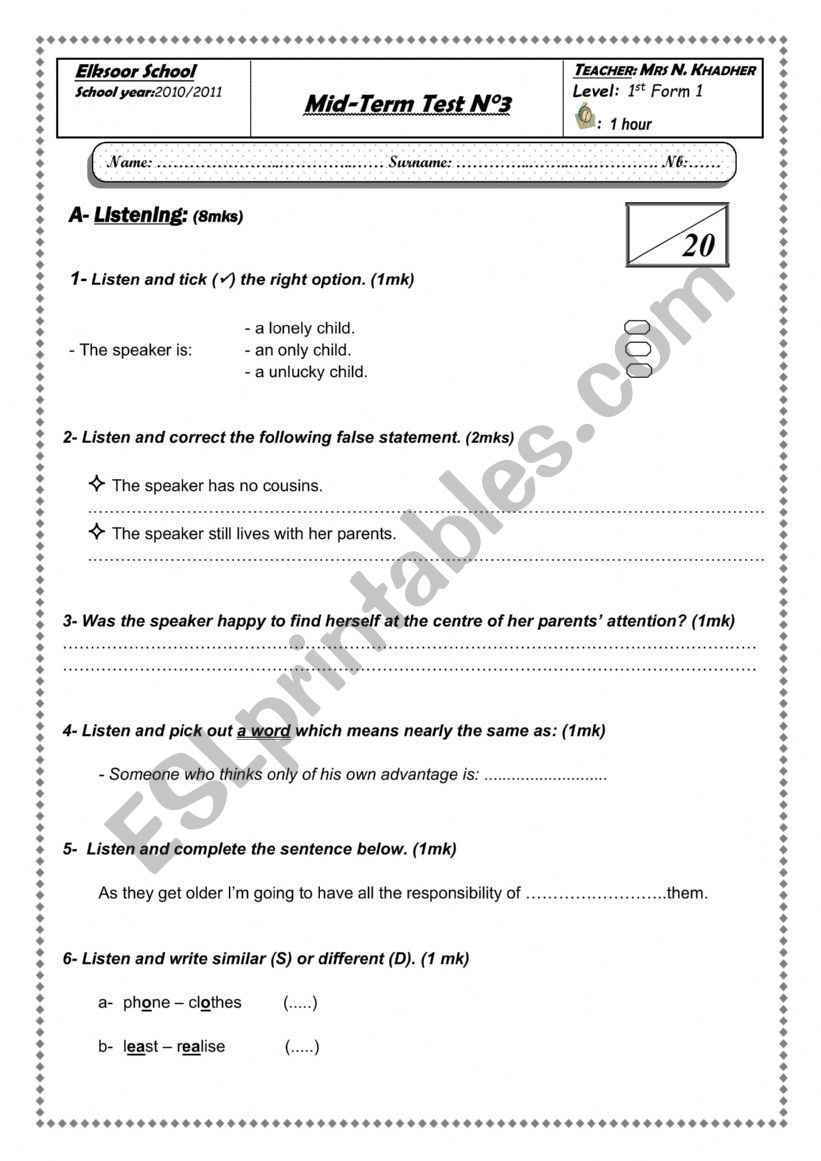 1st form - Mid-term test 3 worksheet